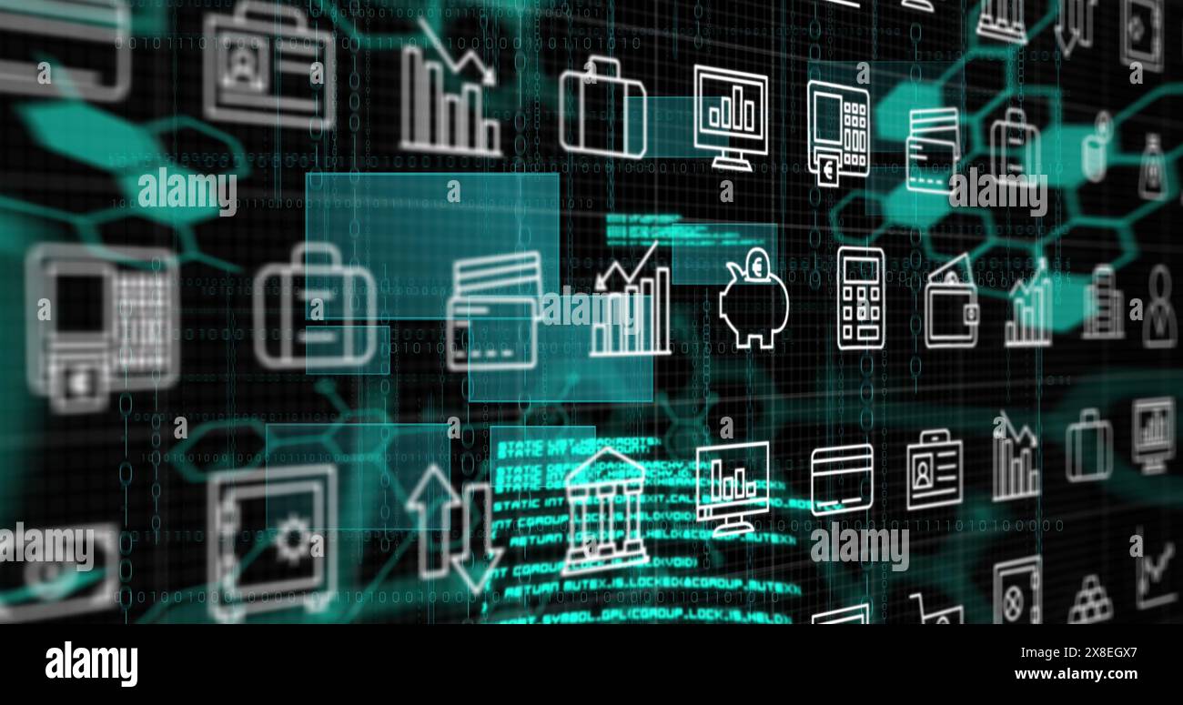 Immagine di più icone, esagoni, linguaggio informatico e rettangoli su sfondo nero Foto Stock