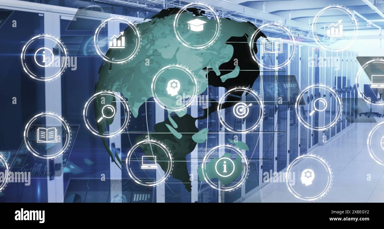 Immagine di un'icona in cerchio e globo rotante, grafici e radar sopra la sala server dati Foto Stock