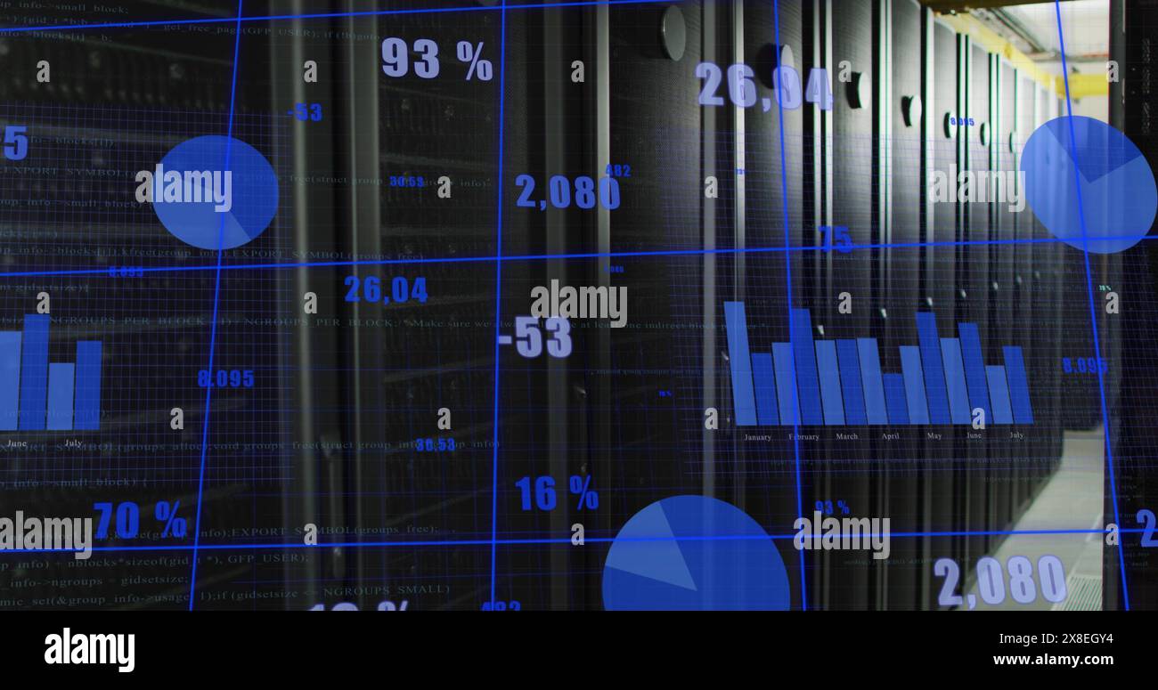 Immagine dell'elaborazione dei dati statistici sulla rete di rete rispetto alla sala server del computer Foto Stock