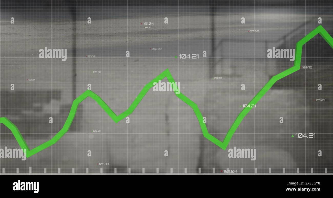 Immagine del grafico con più numeri che cambiano su un ufficio vuoto sullo sfondo Foto Stock