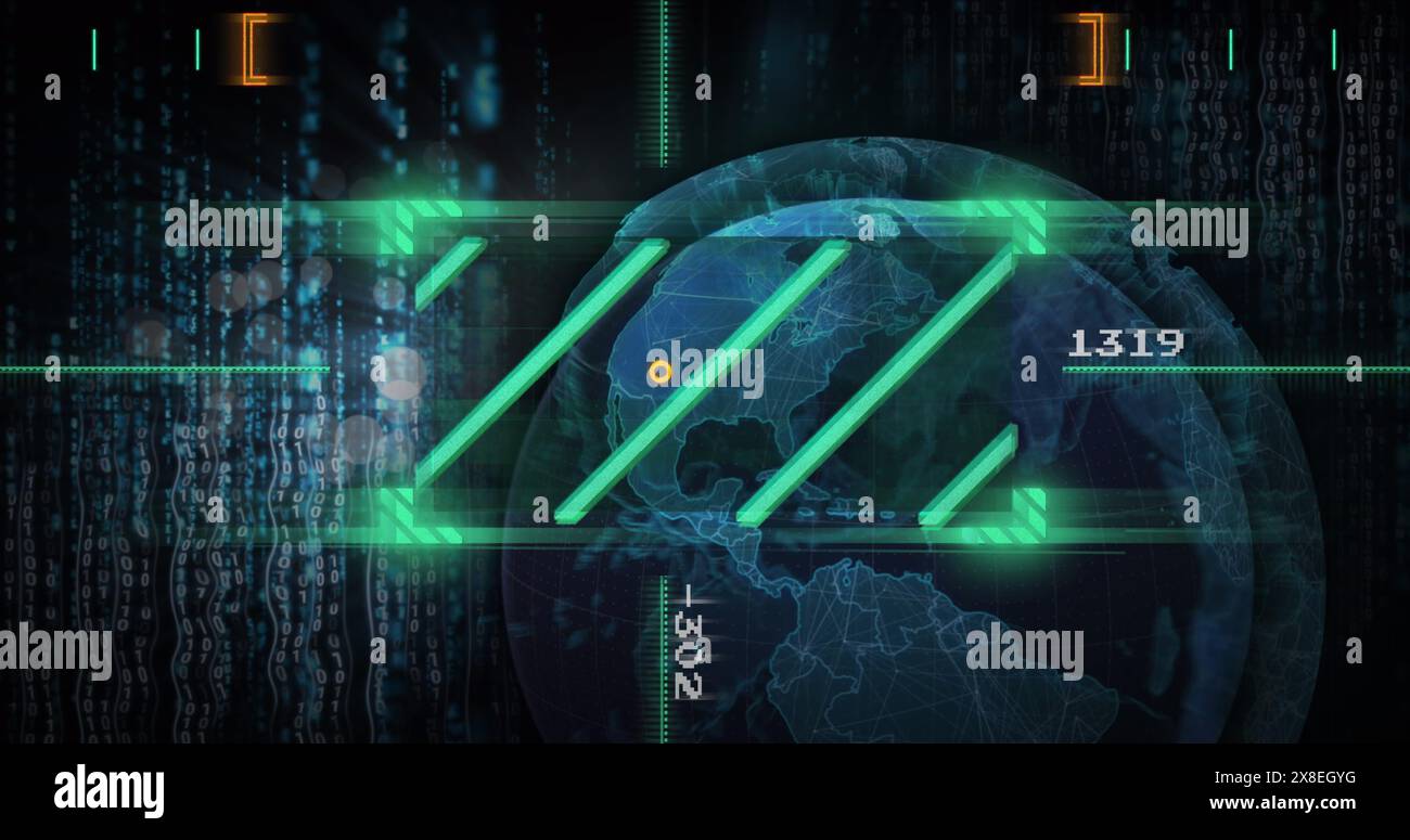 Immagine di linee nel mirino, modifica dei numeri, lingua del computer, globo su sfondo nero Foto Stock