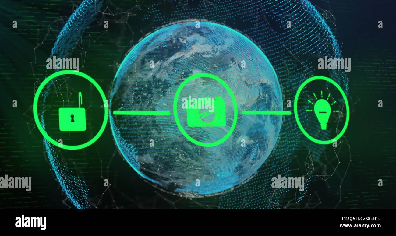Immagine del diagramma di flusso delle icone sopra i punti collegati intorno ai globi sullo sfondo astratto Foto Stock