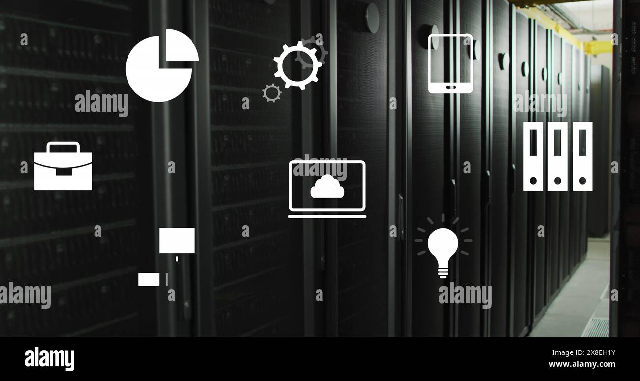 Immagine di più icone digitali che fluttuano contro la sala server del computer Foto Stock