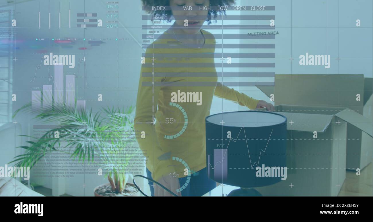 Immagine dell'elaborazione di dati statistici contro elementi birazziali di unboxing in una nuova casa Foto Stock