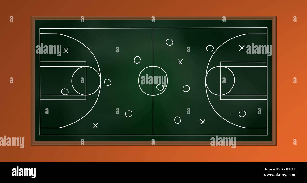 Immagine di una freccia sul campo da basket su sfondo arancione Foto Stock