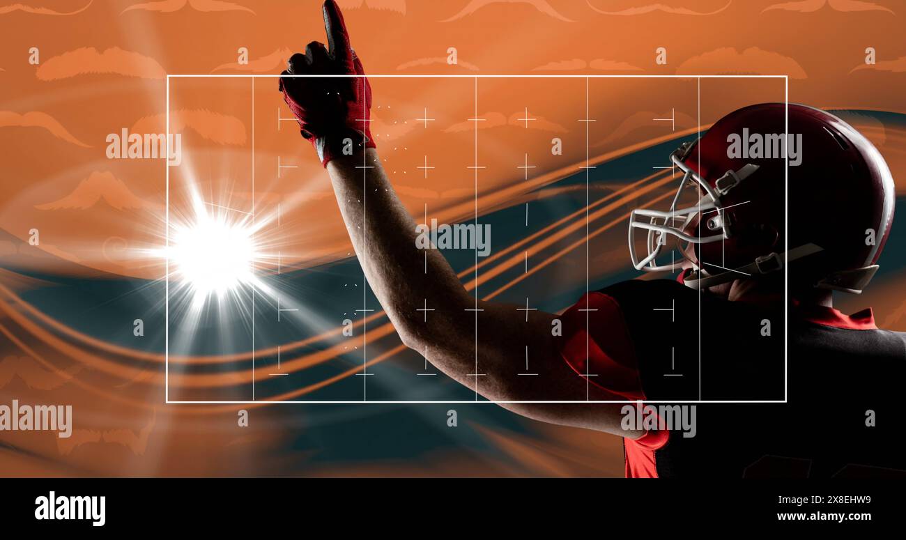 Immagine di tattiche di gioco con freccia e simboli sopra un giocatore di rugby maschile che punta il dito verso il cielo Foto Stock