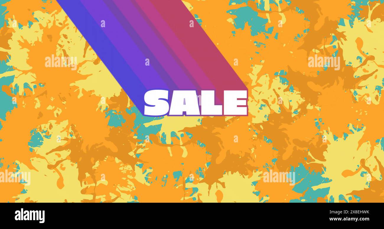 Immagine del testo di vendita con tracce blu e viola su schizzi di vernice verde, arancione e giallo Foto Stock