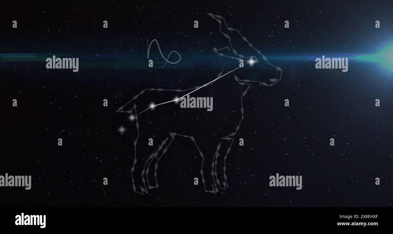 Immagine dei punti collegati che formano il simbolo del capricorno e le lenti si illuminano su sfondo nero Foto Stock