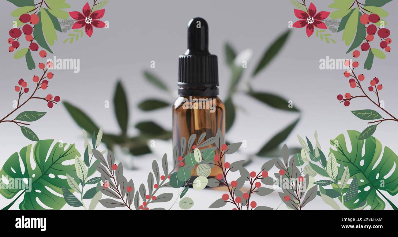 Immagine di una cornice di fiori con bottiglia marrone e copia dello spazio su sfondo bianco Foto Stock