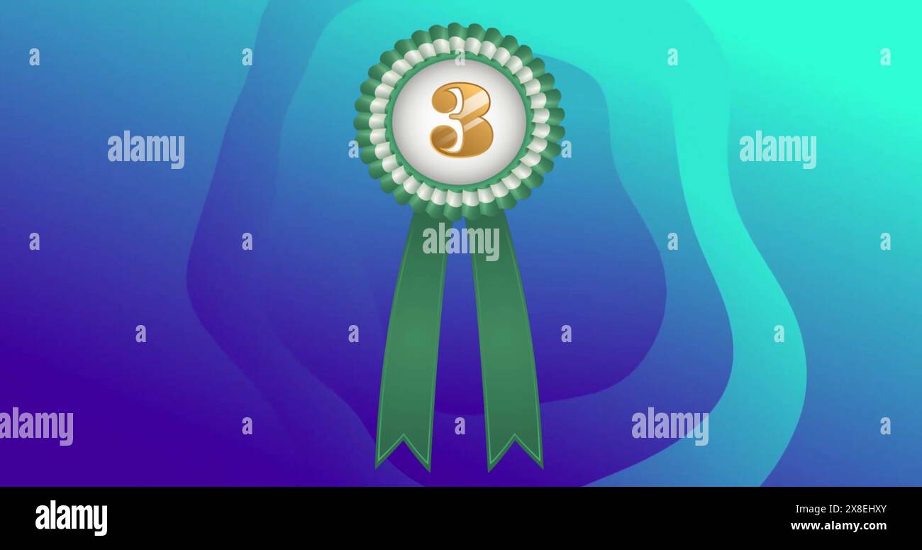 Immagine del badge con il numero 3 e le forme su sfondo blu Foto Stock