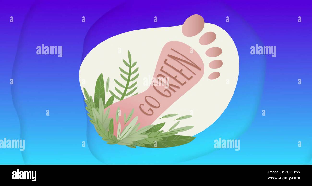 Immagine del piede con testo verde e piante su sfondo blu Foto Stock