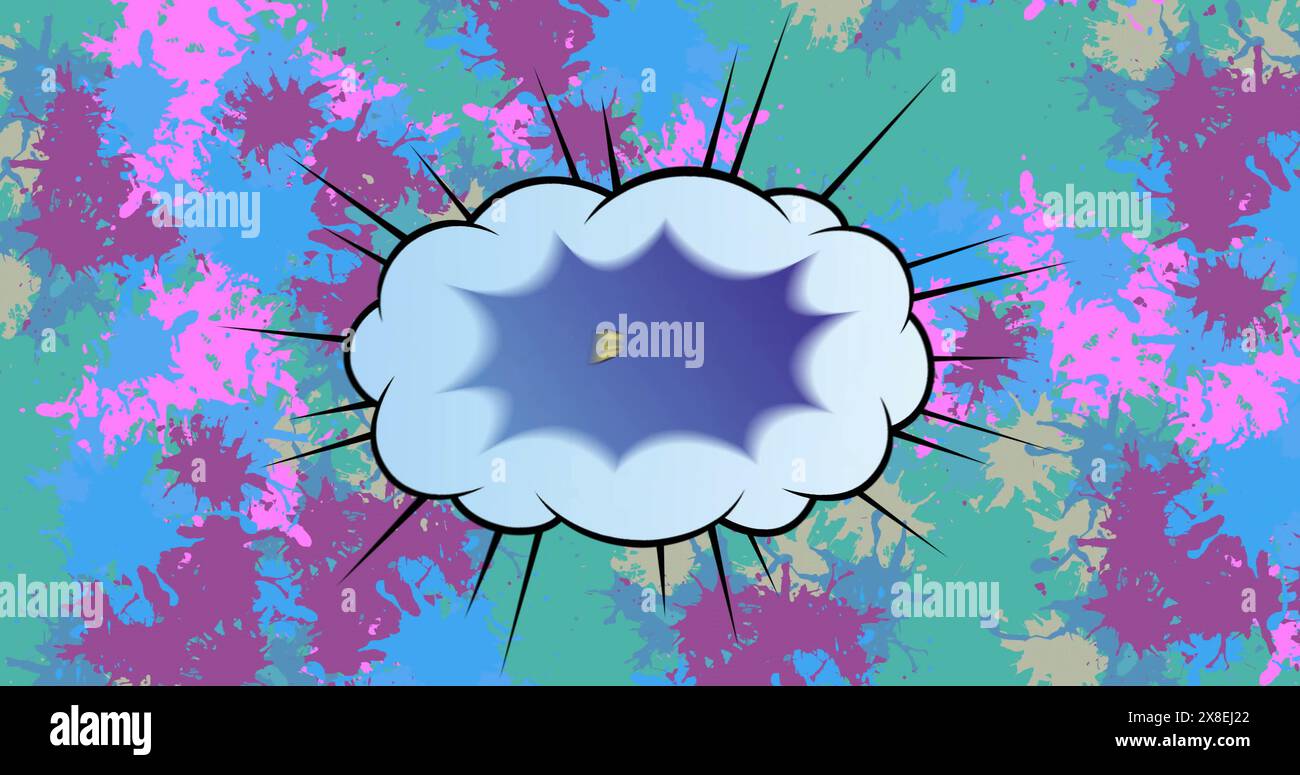 Immagine del testo dell'asta in giallo sulla bomba e sull'esplosione su spruzzi di vernice colorata Foto Stock