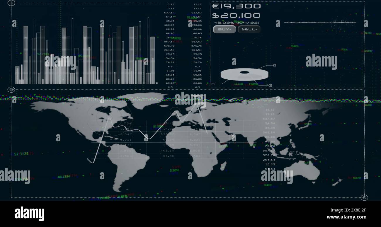 Immagine del globo su diagrammi e mappa del mondo su sfondo nero Foto Stock