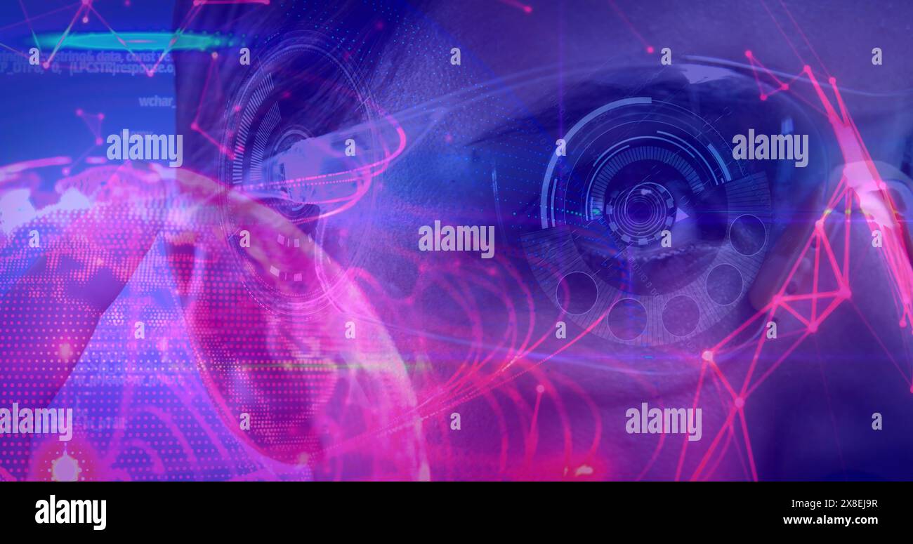 Composito digitale di Science Composition Woman con occhiali virtuali e illustrazione astratta a colori Foto Stock