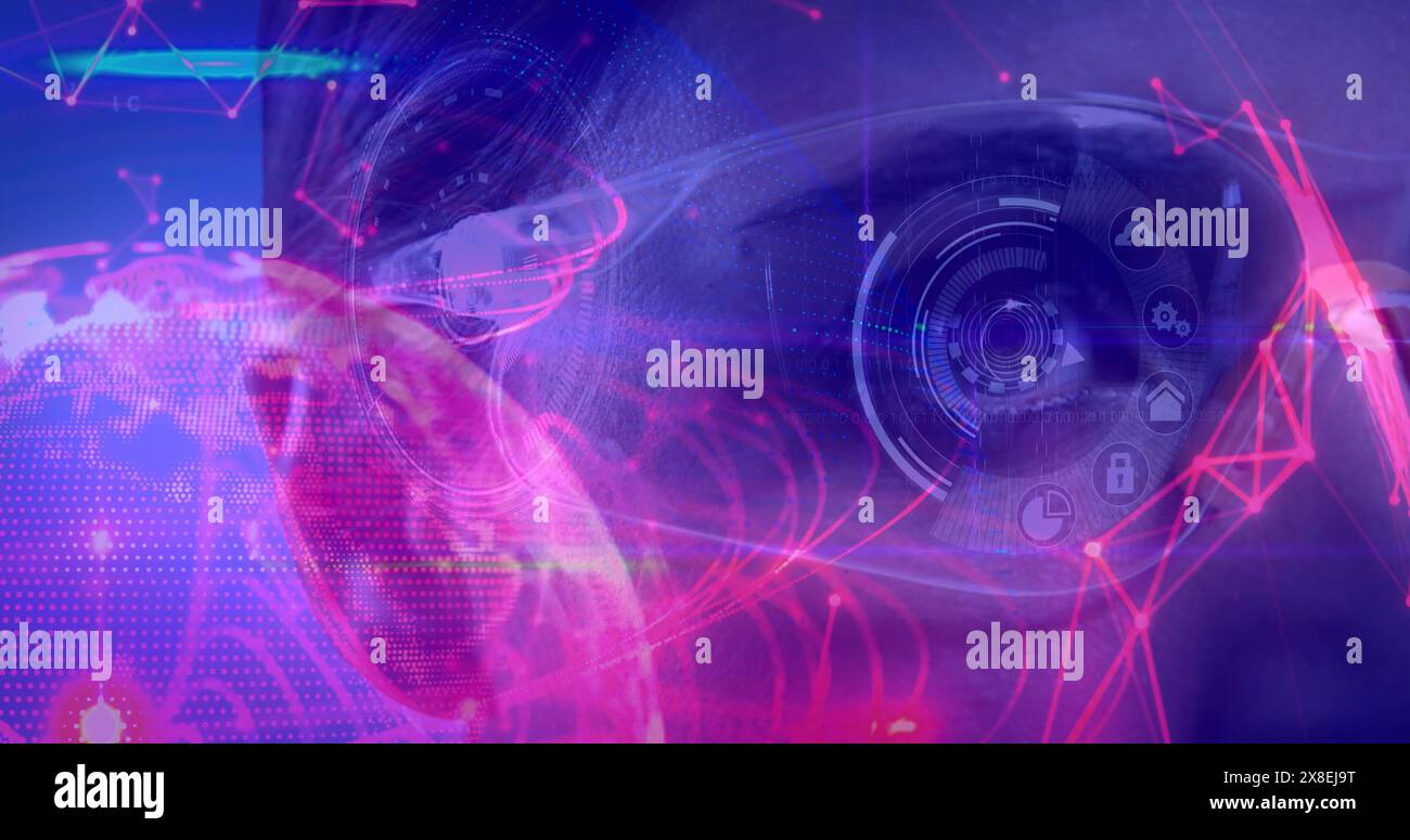 Composito digitale di Science Composition Woman con occhiali virtuali e illustrazione astratta a colori Foto Stock