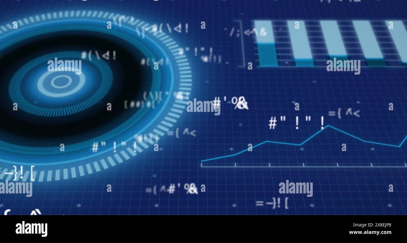 Immagine di cerchi, simboli e grafici sulla griglia sullo sfondo astratto Foto Stock