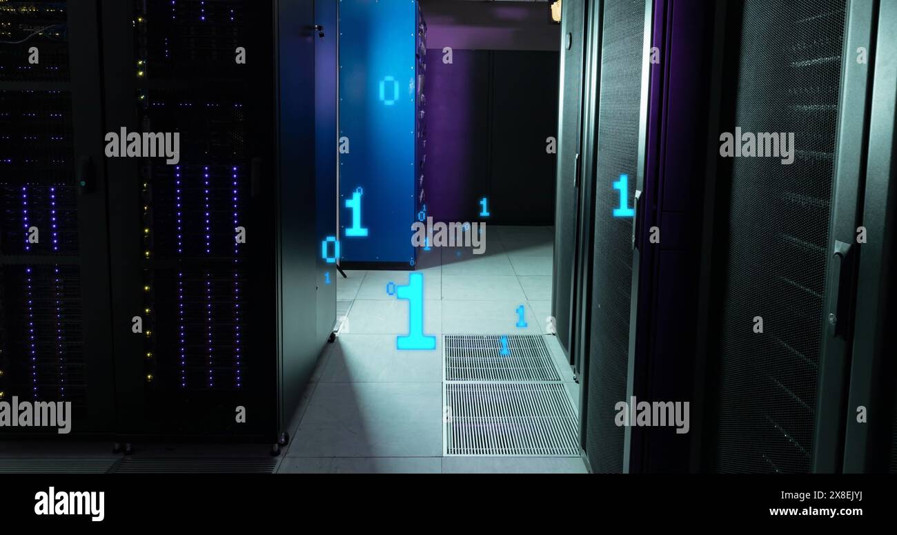 Immagine dell'elaborazione dei dati di codifica binaria rispetto alla sala server del computer Foto Stock