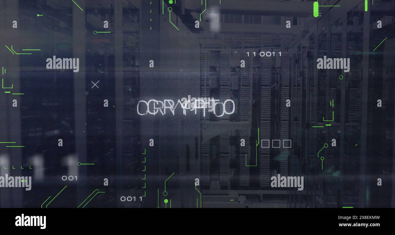 Immagine di codici binari e testo crittografico con schema della scheda a circuito stampato sui sistemi server dati Foto Stock