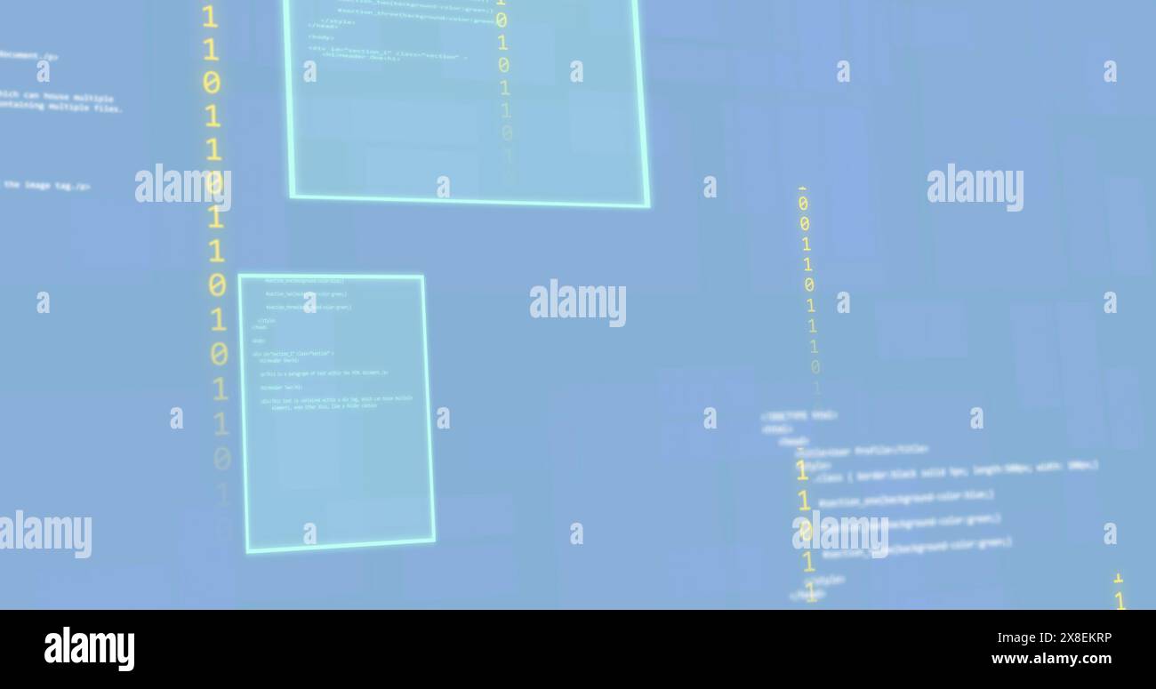 Immagine del linguaggio di programmazione con codici binari e schermate su sfondo blu Foto Stock