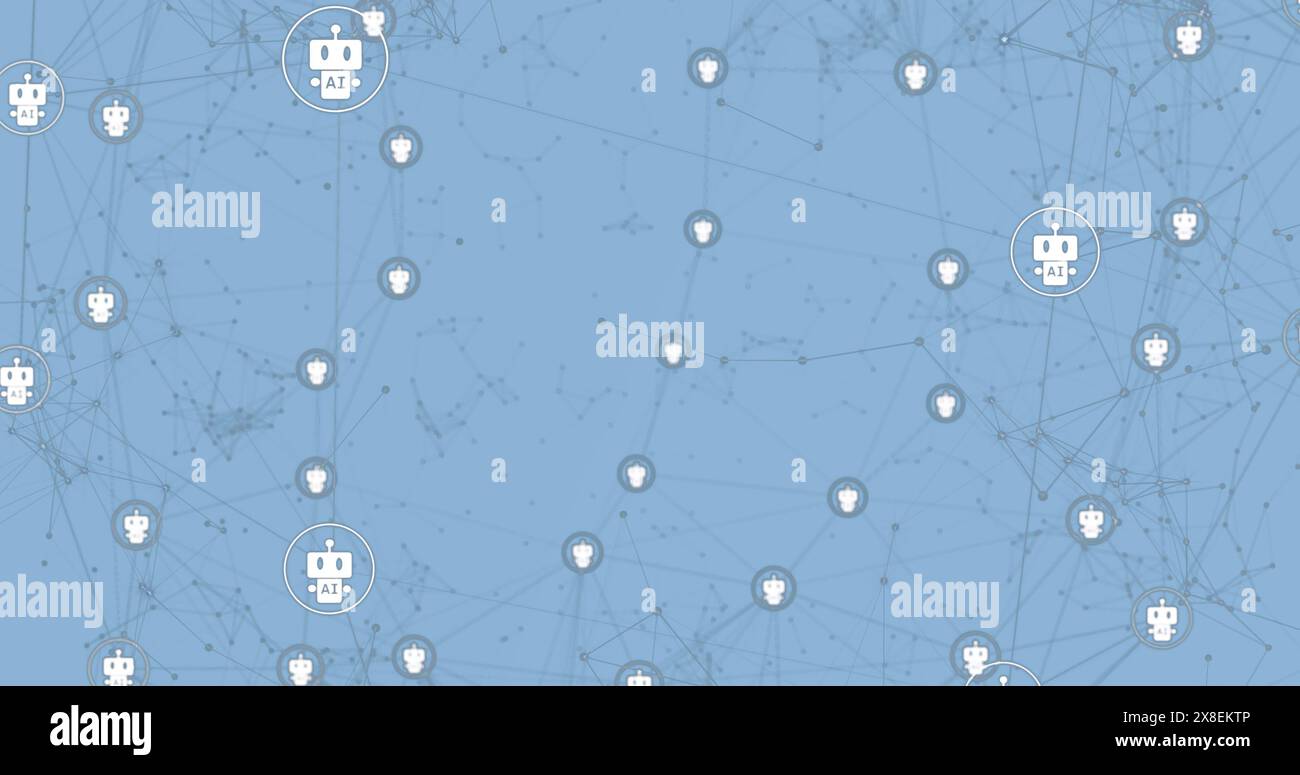 Immagine delle icone del robot in circoli che si muovono su sfondo blu Foto Stock