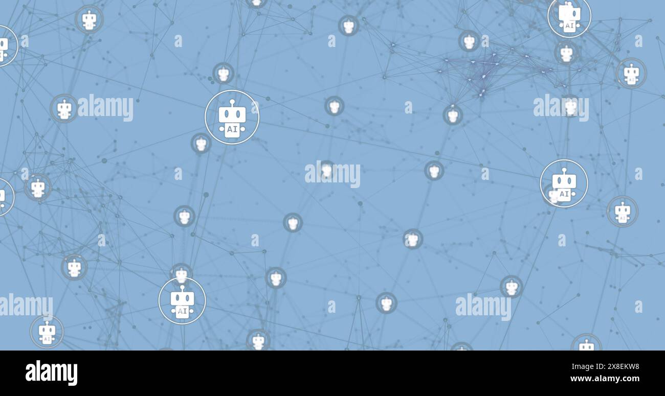 Immagine delle icone del robot in circoli che si muovono su sfondo blu Foto Stock