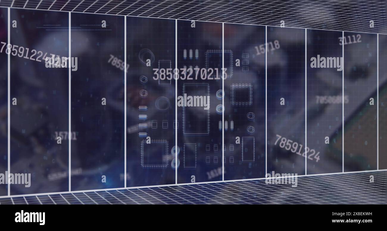 Progettazione di schede a circuito stampato digitali con vari componenti e numeri sullo schermo Foto Stock