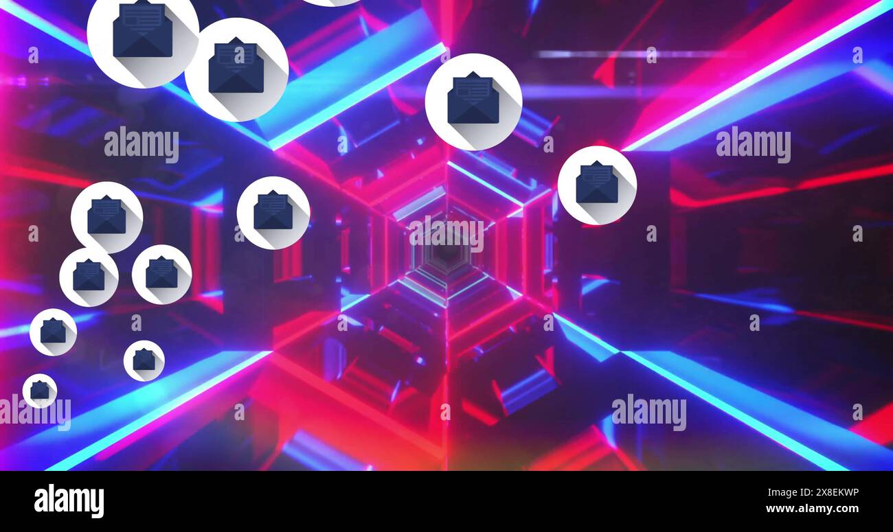 Immagine di un'icona a forma di cerchio su un tunnel esagonale multicolore su sfondo astratto Foto Stock