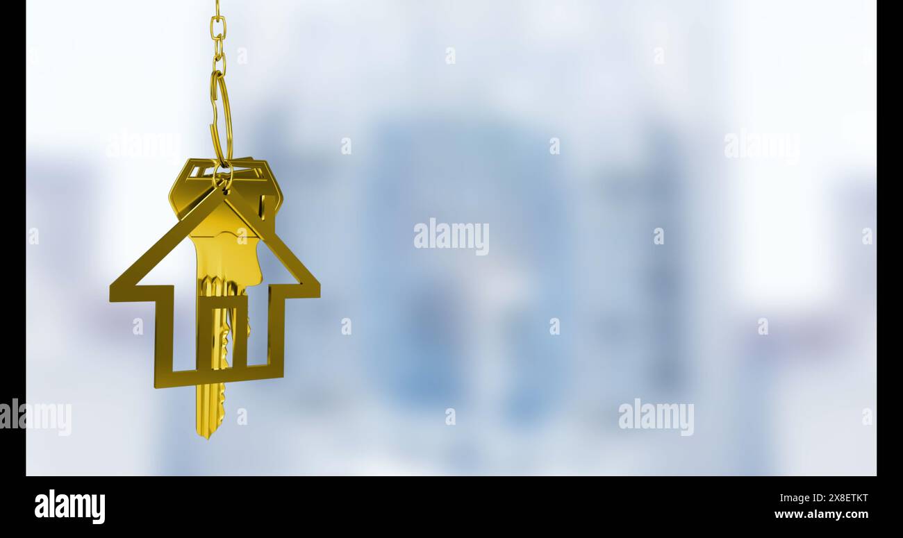 Immagine della chiave con portachiavi della casa su sfondo sfocato Foto Stock