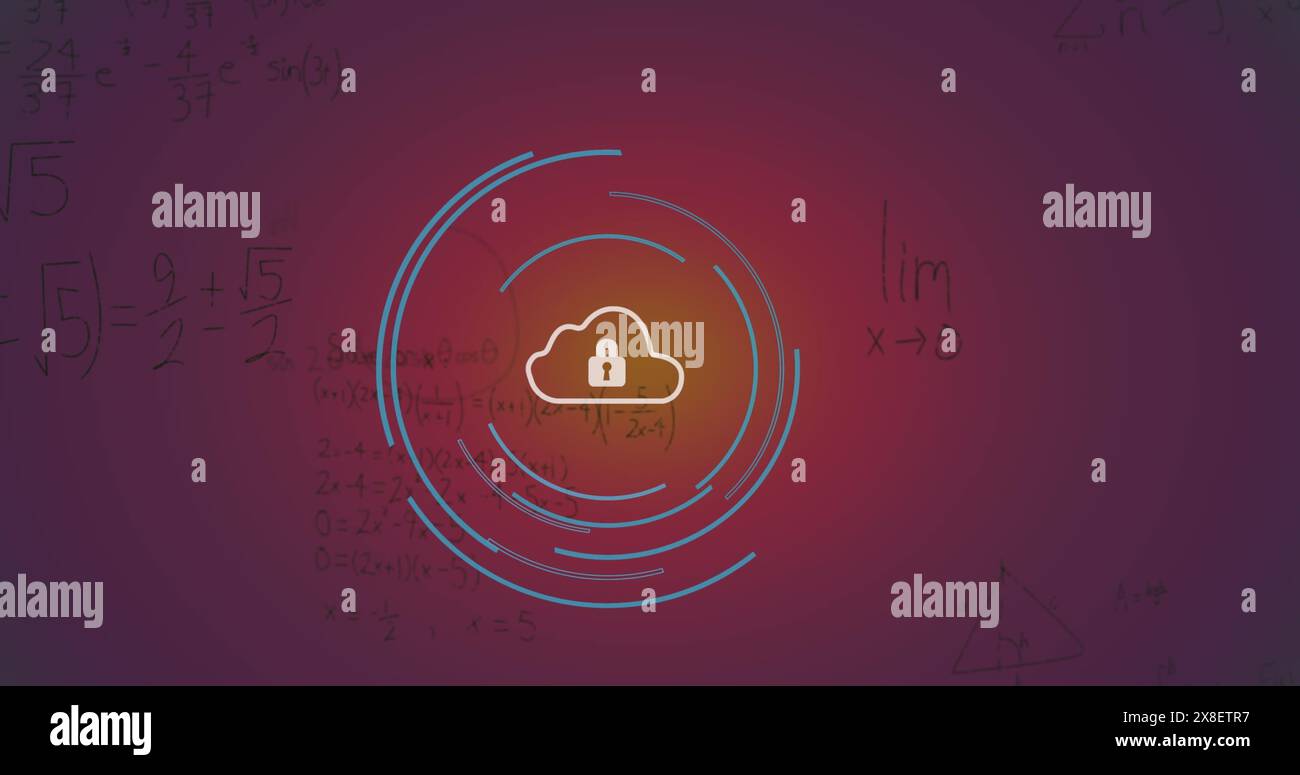 Immagine dell'icona del lucchetto di sicurezza e delle equazioni matematiche su sfondo a gradiente viola Foto Stock