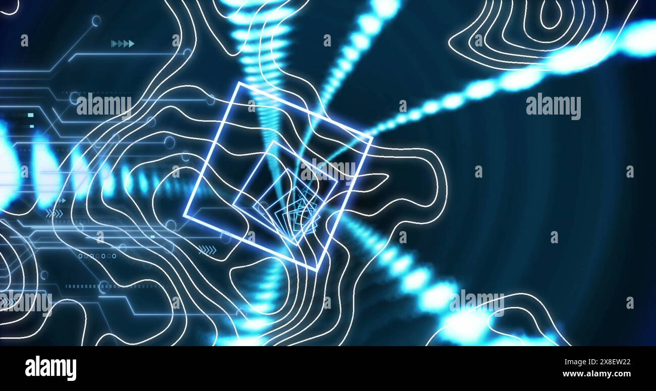 Immagine di quadrati illuminati e schemi astratti che si muovono su schemi di circuiti elettrici Foto Stock