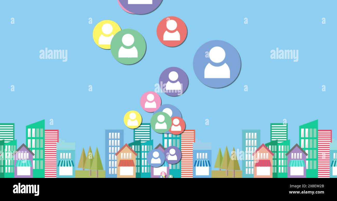 Icone colorate che rappresentano le persone che fluttuano sopra un paesaggio urbano stilizzato Foto Stock