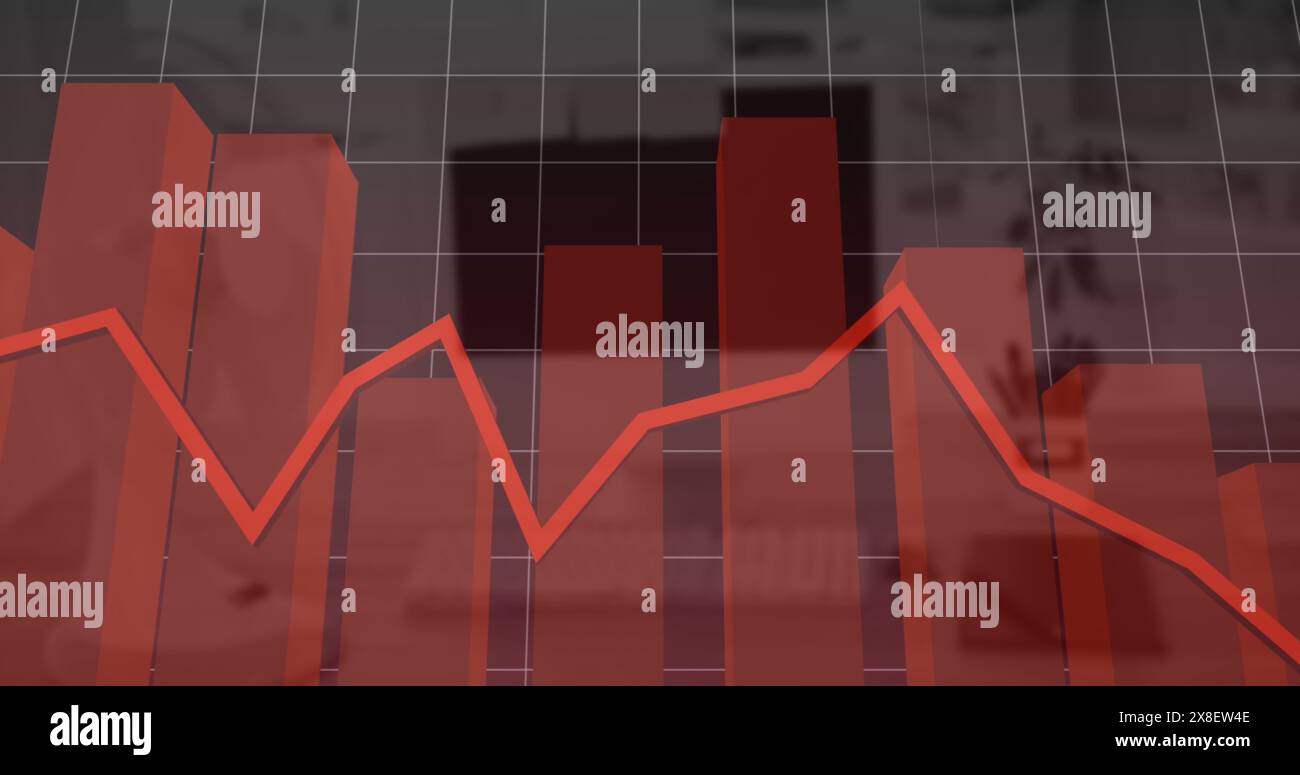 Grafici a barre rossi e grigi in aumento e in caduta su sfondo grigio Foto Stock