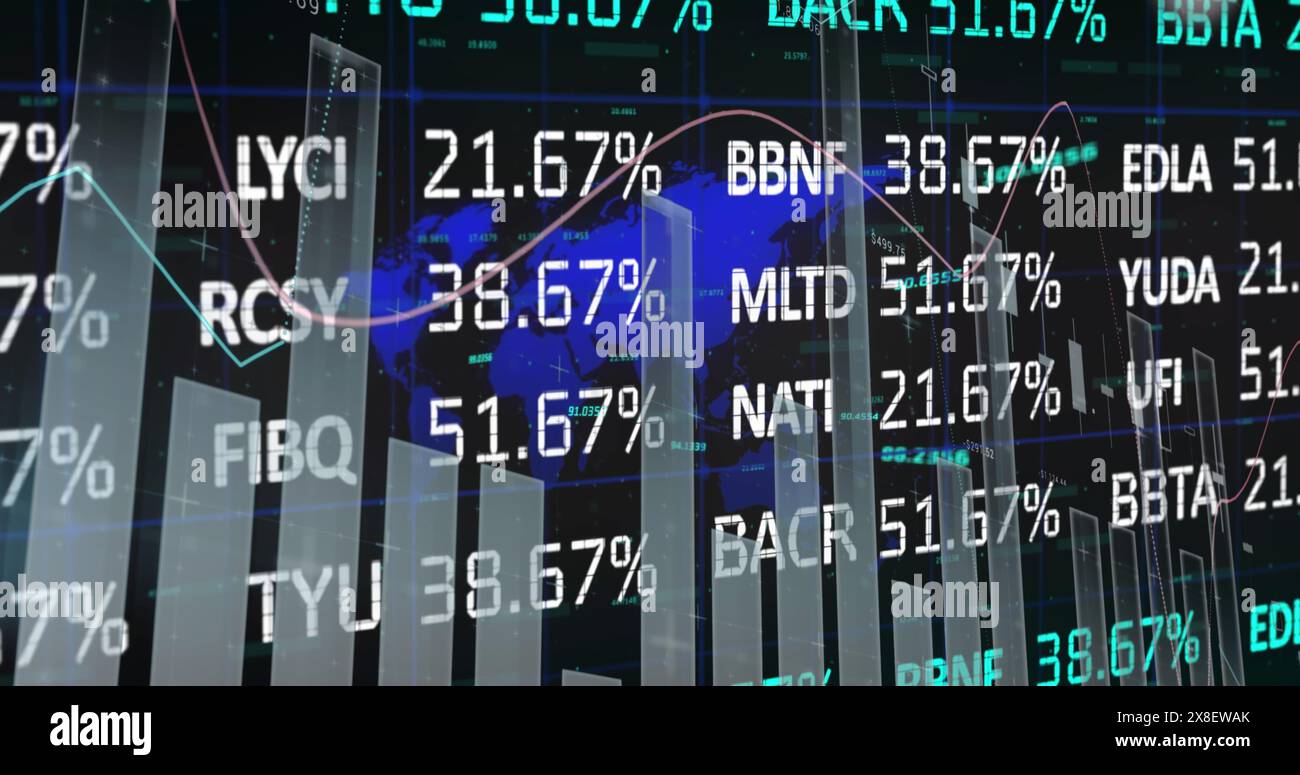 Immagine dell'elaborazione dei dati statistici e dei mercati azionari sulla mappa mondiale su sfondo nero Foto Stock