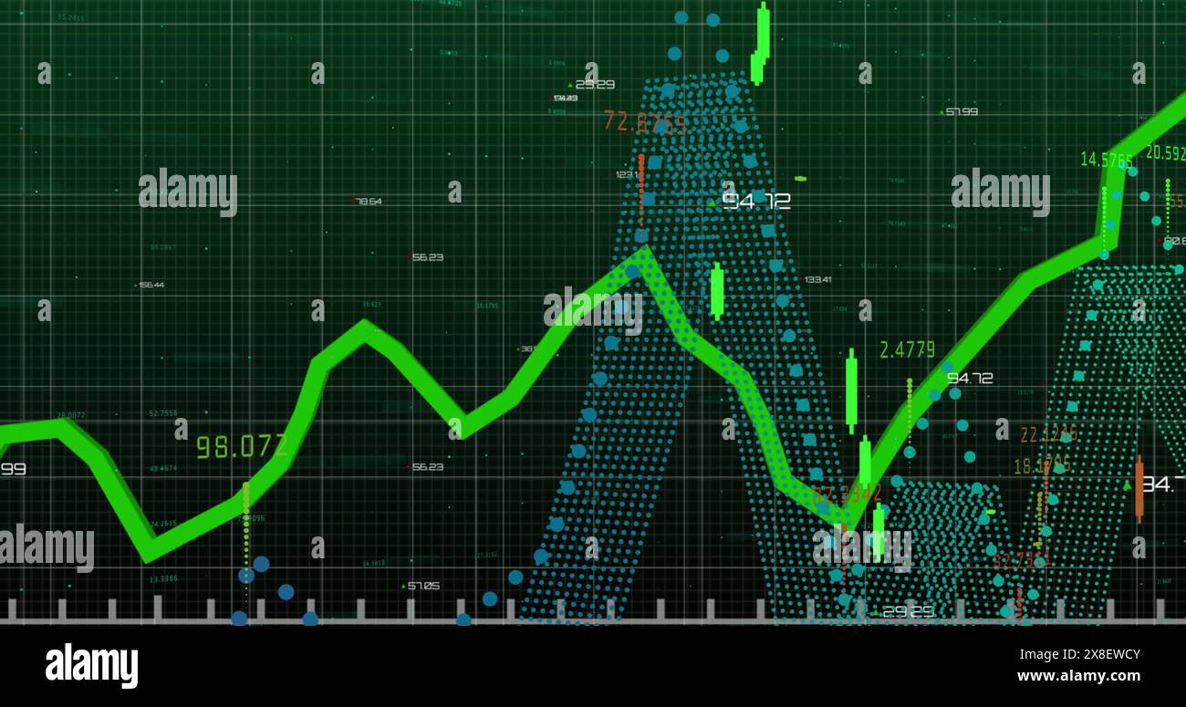 Immagine del grafico a linee che mostra lo stato di avanzamento dei grafici e la variazione dei numeri sullo schema a griglia Foto Stock