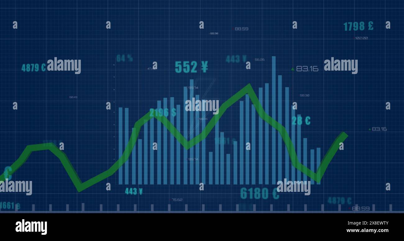 Immagine dell'icona thunderbolt sull'elaborazione dei dati statistici su sfondo blu Foto Stock