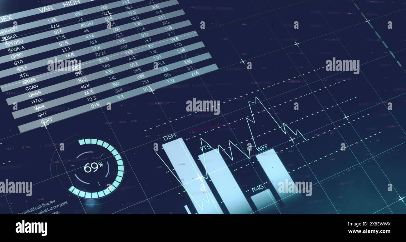 Immagine dell'elaborazione dei dati statistici sulla rete a griglia su sfondo blu Foto Stock