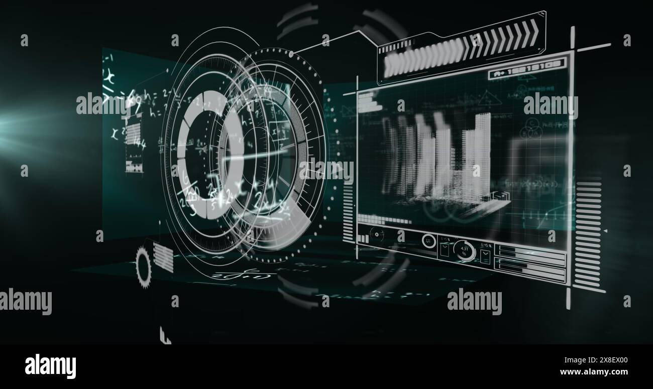 Immagine dell'interfaccia con scanner rotondo ed elaborazione dei dati rispetto alle equazioni matematiche Foto Stock