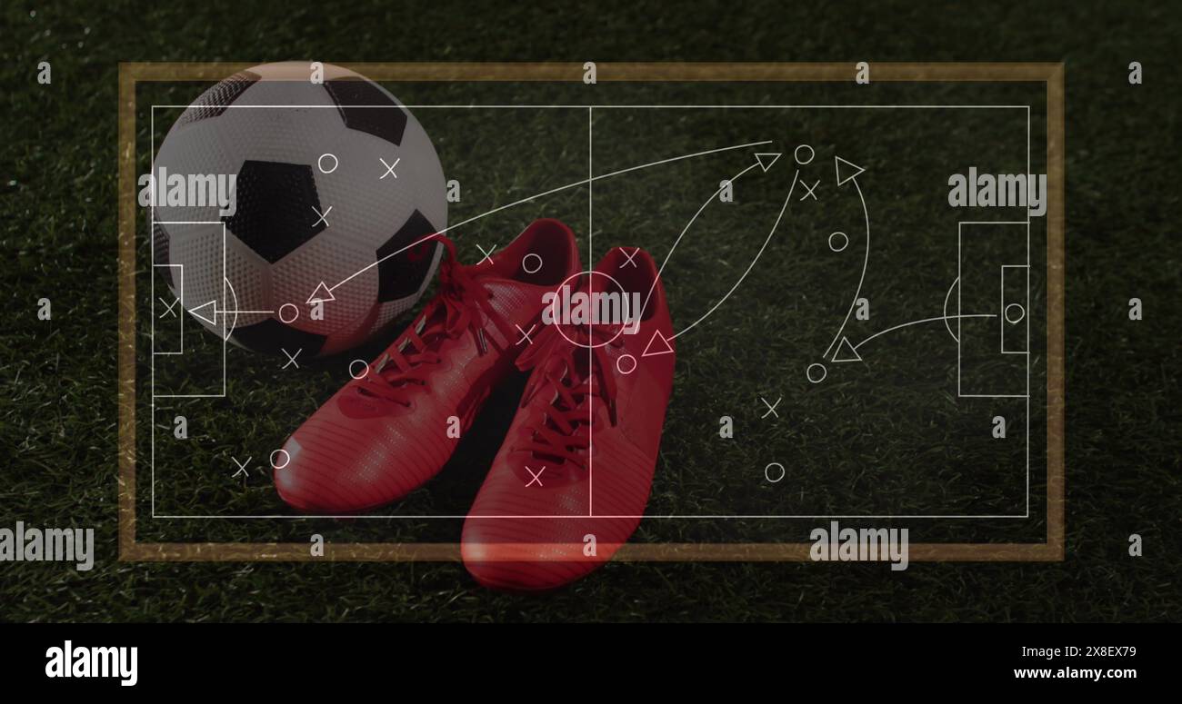 Immagine del piano di gioco a bordo sopra le scarpe sportive e il calcio Foto Stock