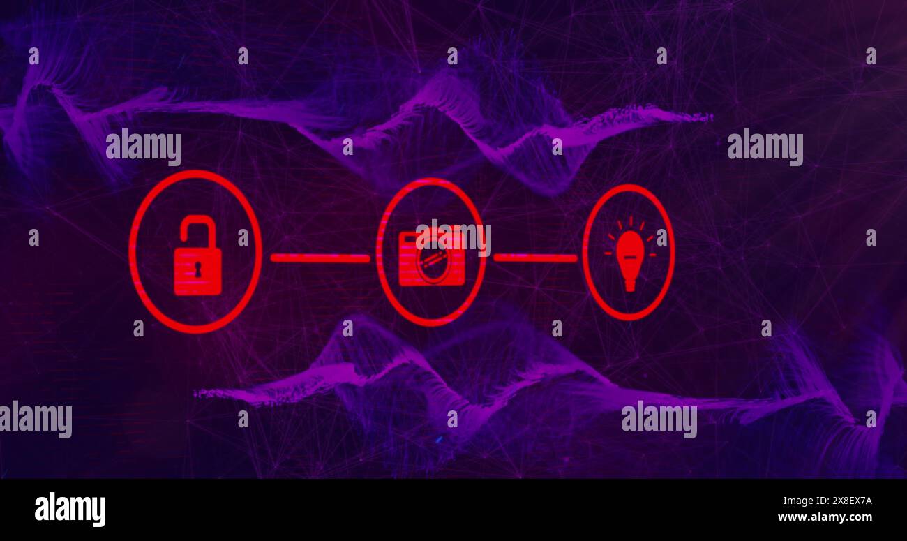 Immagine della rete di icone digitali, onda digitale e rete di connessioni su sfondo viola Foto Stock