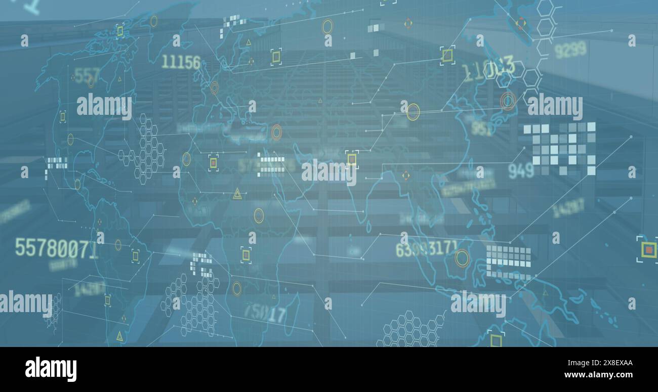 Immagine del cambiamento di numeri sulla mappa mondiale rispetto alla vista ad angolo basso di un edificio alto Foto Stock