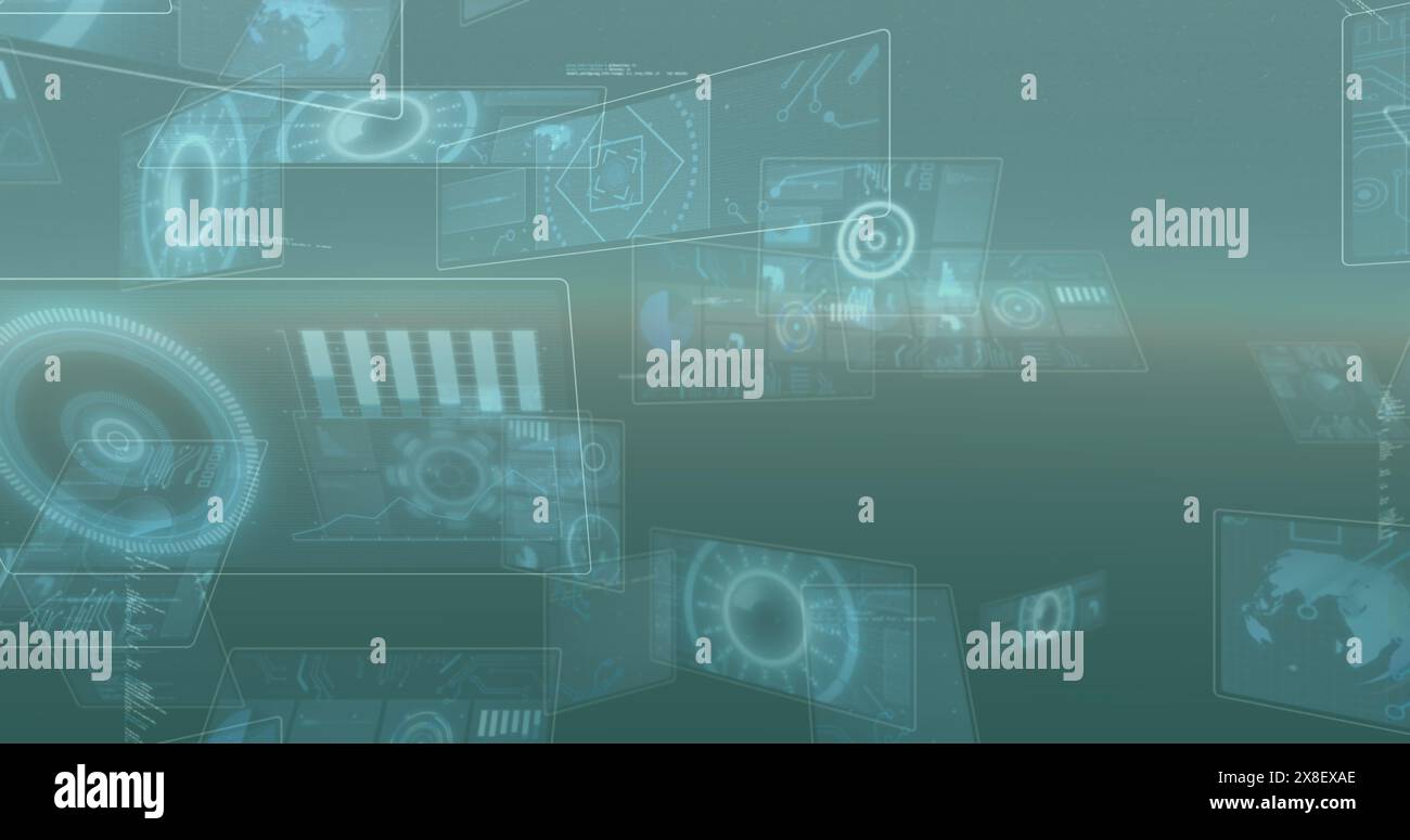 Immagine di scanner rotondi ed elaborazione dei dati su sfondo grigio Foto Stock