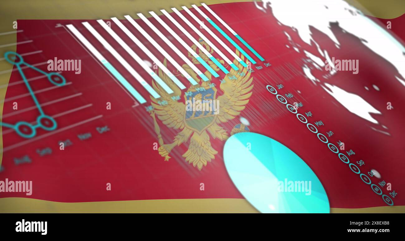 Immagine dell'elaborazione dei dati statistici sullo sfondo della bandiera del montenegro Foto Stock