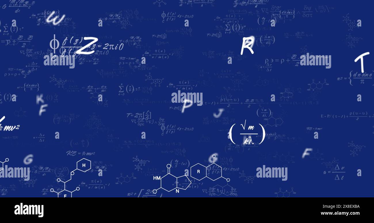 Immagine di alfabeti inglesi, strutture chimiche e galleggianti su sfondo blu Foto Stock