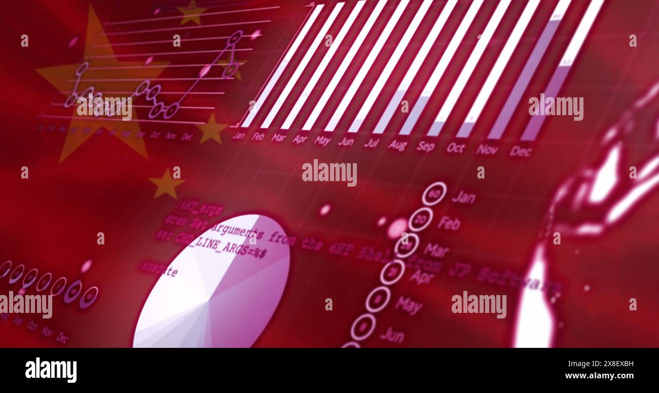 Immagine dell'elaborazione dei dati statistici sullo sfondo della bandiera cinese Foto Stock
