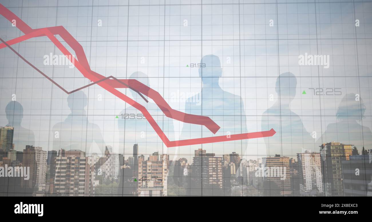 Immagine di linee rosse ed elaborazione dei dati finanziari sulla città Foto Stock