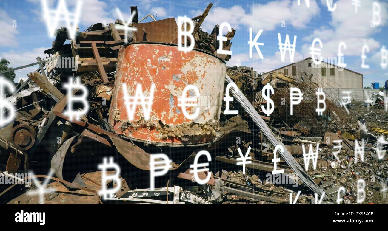 Immagine di un'interfaccia con più simboli di valuta contro rottami metallici industriali in discarica Foto Stock