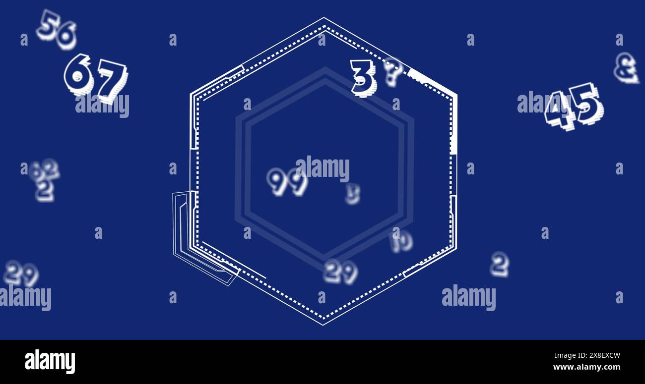 Immagine dei numeri che fluttuano sulla forma astratta esgonale su sfondo blu Foto Stock