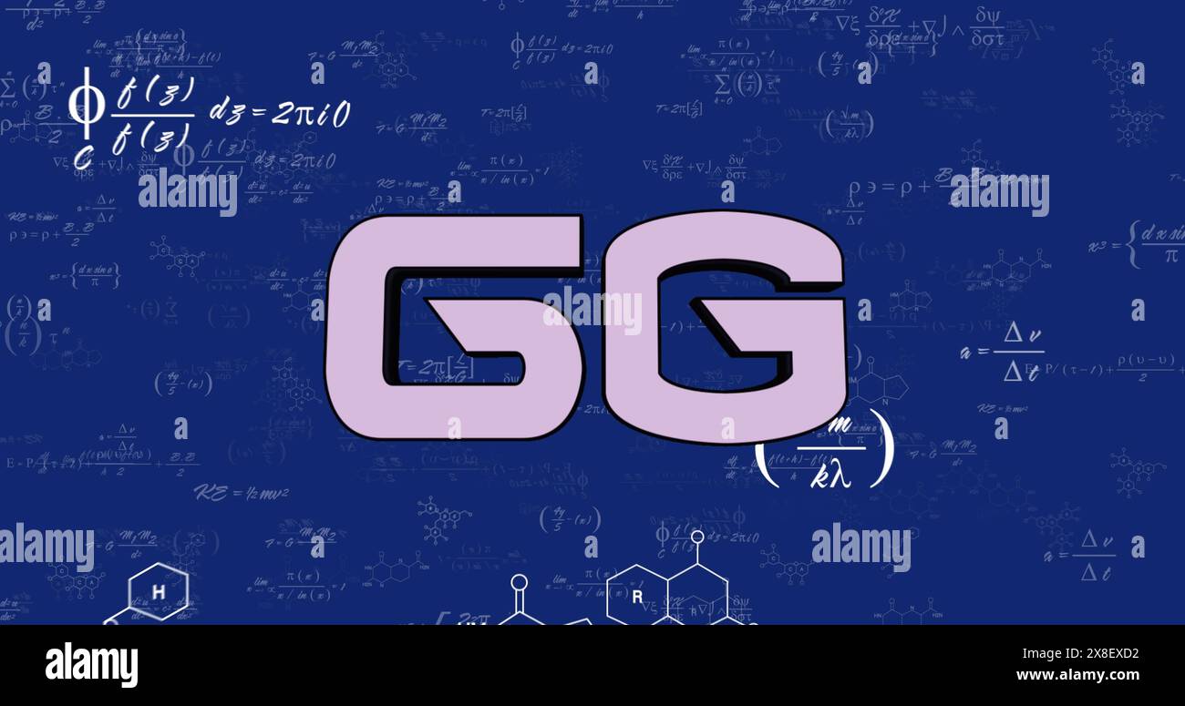 Immagine di un banner di testo da 6 g su equazioni matematiche che fluttuano su sfondo blu Foto Stock
