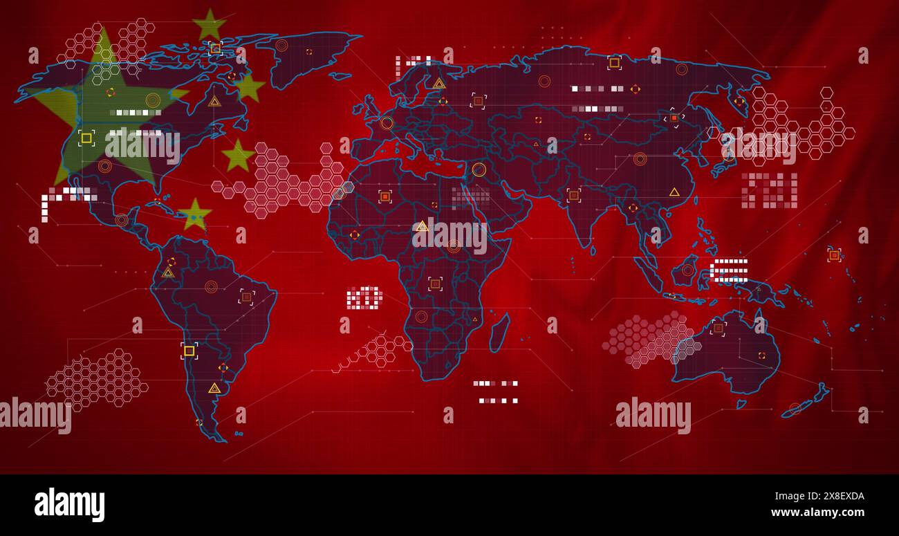 Immagine della mappa mondiale sullo sfondo della bandiera cinese Foto Stock