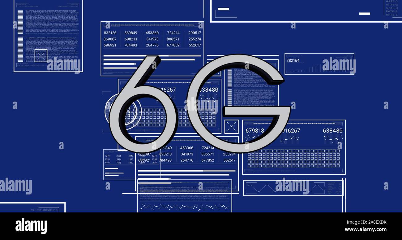 Immagine di un banner di testo da 6 g sull'interfaccia con elaborazione dei dati su sfondo blu Foto Stock